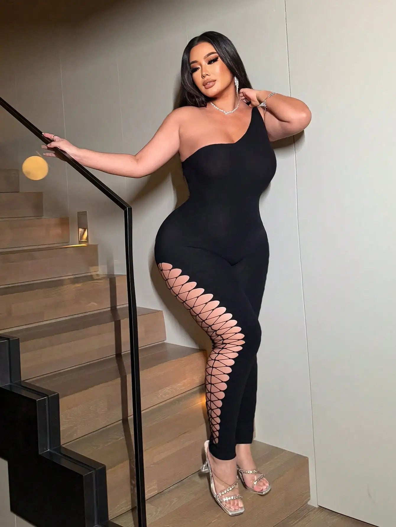 Women's Sexy One-Shoulder Black Jumpsuit with Fishnet Cutout Slim Fit Club Party Ankle-Length Polyester Nylon Blend