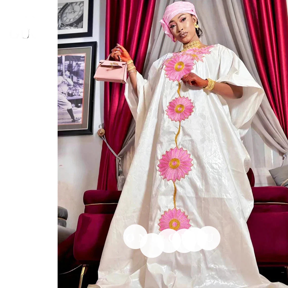 African Boubou Dress & Scarf Set — Embroidery Lace & Stone Detail | Nigerian Dashiki Style | One Size