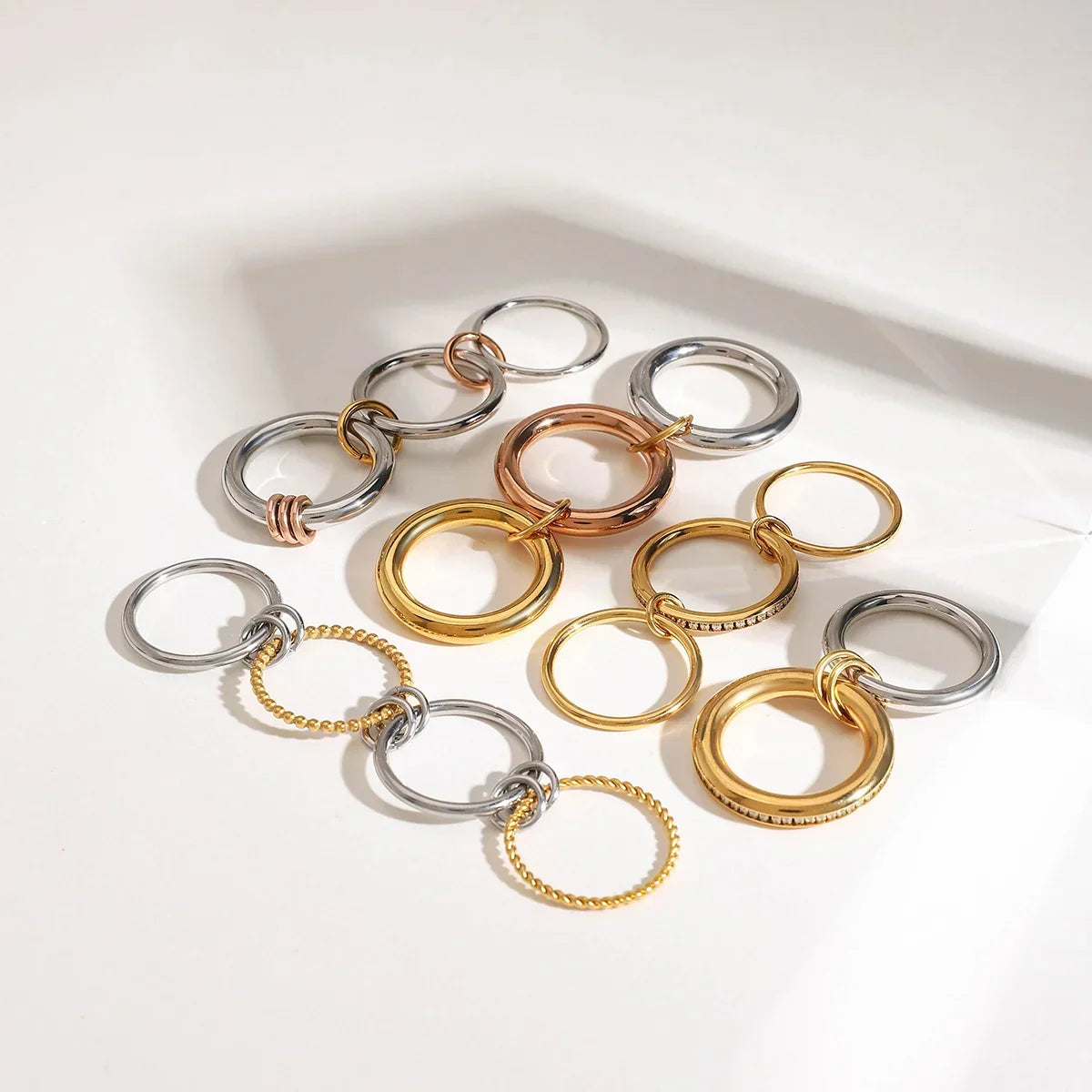 18K Elegant Silver&Bronze&Gold Stacked Rings