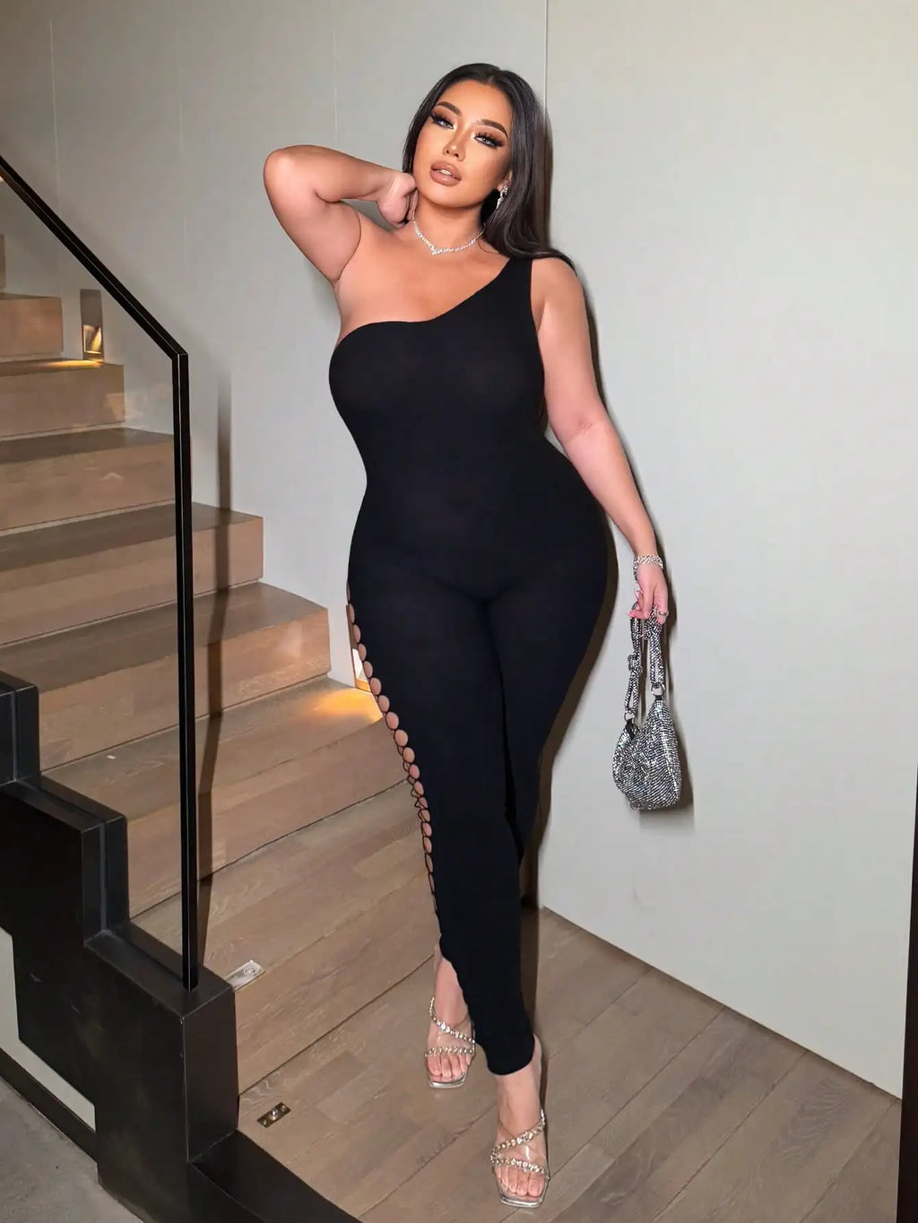 Women's Sexy One-Shoulder Black Jumpsuit with Fishnet Cutout Slim Fit Club Party Ankle-Length Polyester Nylon Blend