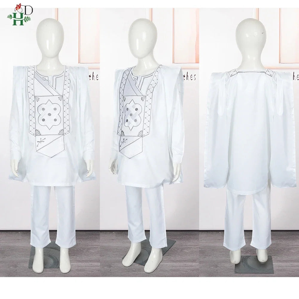 Boys White Blue Long Sleeve Tops Embroidery Dashiki Robe Shirt And Pant Set 3 PCS