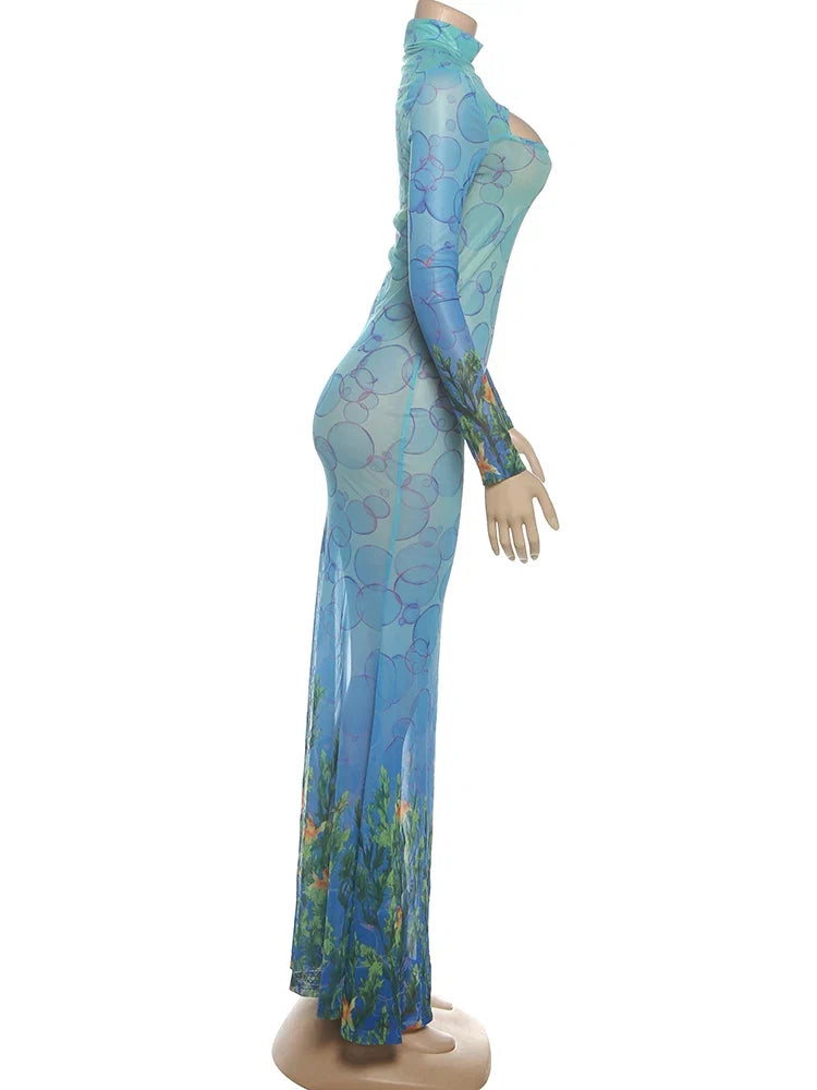 kliou Mesh Panelled Women Maxi Dress Sexy Stunning Point Print Full Sleeve O-neck Sheath Robe Mujer Hipster Festival Party Frock