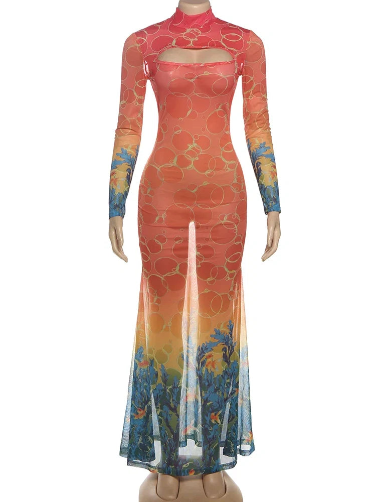 kliou Mesh Panelled Women Maxi Dress Sexy Stunning Point Print Full Sleeve O-neck Sheath Robe Mujer Hipster Festival Party Frock
