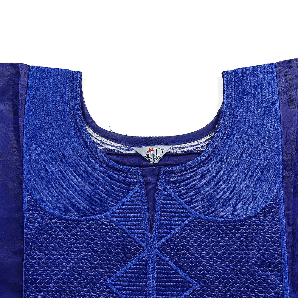 Men's African Traditional 3PCS Outfit  Blue Bazin Riche Agbada Embroidered Robe