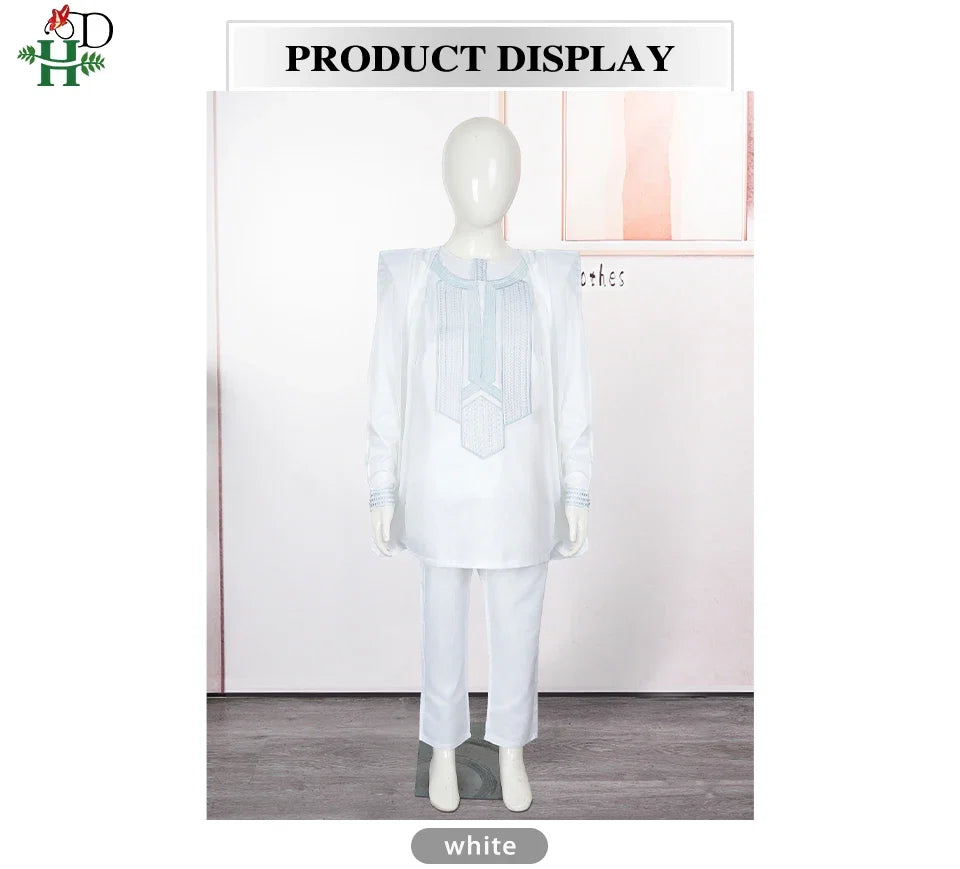 Boys White Blue Long Sleeve Tops Embroidery Dashiki Robe Shirt And Pant Set 3 PCS