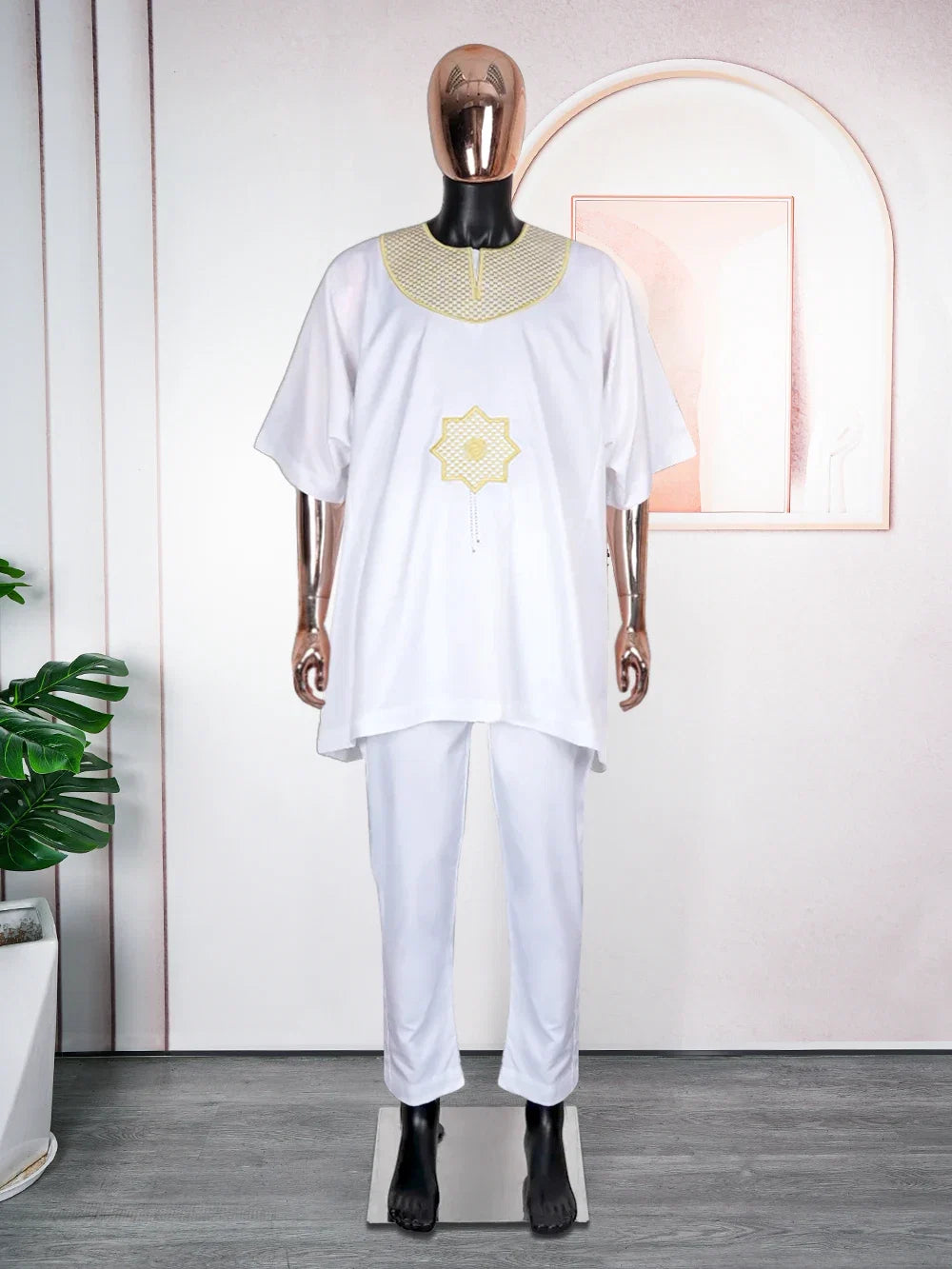 African Clothes for Men 2 Pieces Set Blue Embroidered Tops and Pants Traditional Clothing Rich Bazin