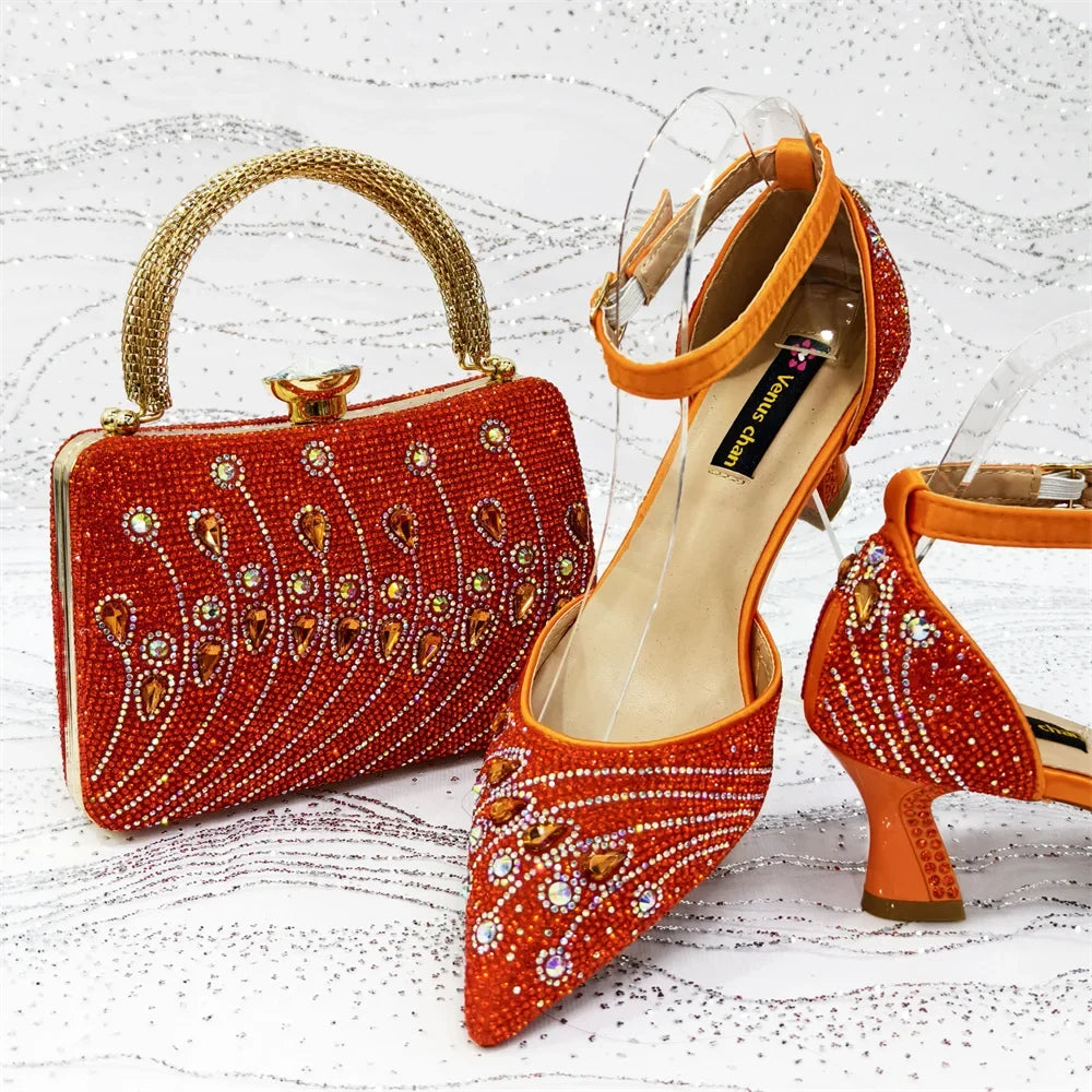 Rhinestone Slingback Pumps & Bag Matching Set — Bling Pointed Toe | 5 Colours | EU 37–43