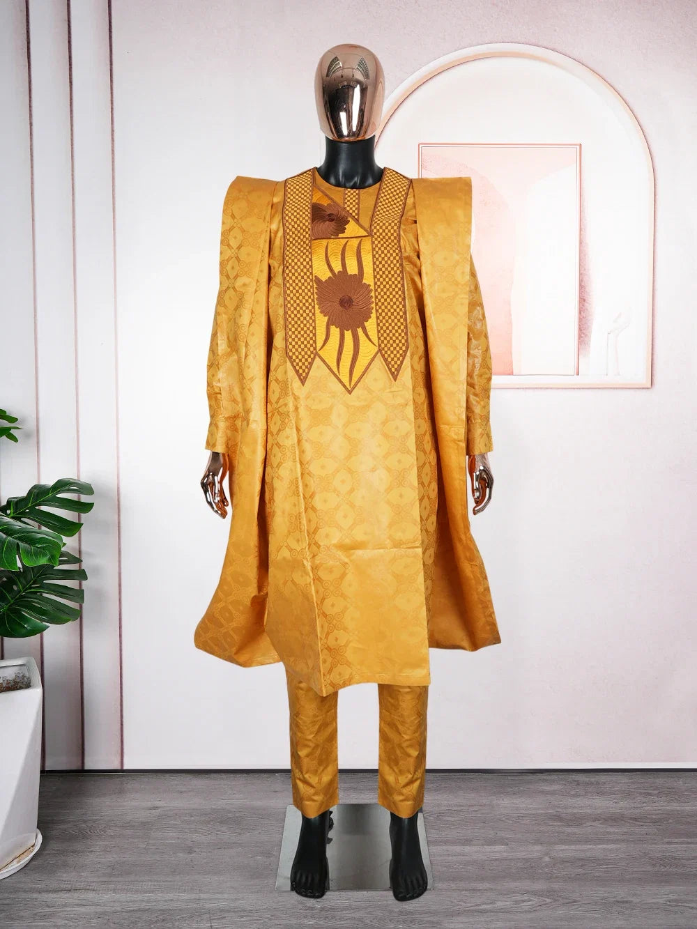 African Men Traditional Embroidery Bazin Riche Dashiki Yellow Shirt Pants 3PCS Bubu Dress Suit