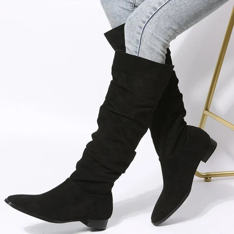 Women's Knee-High Winter Boots – Slip-On | Square Heel | Microfibre Upper | Cotton Lining | Sizes 35–43 | Black & Khaki