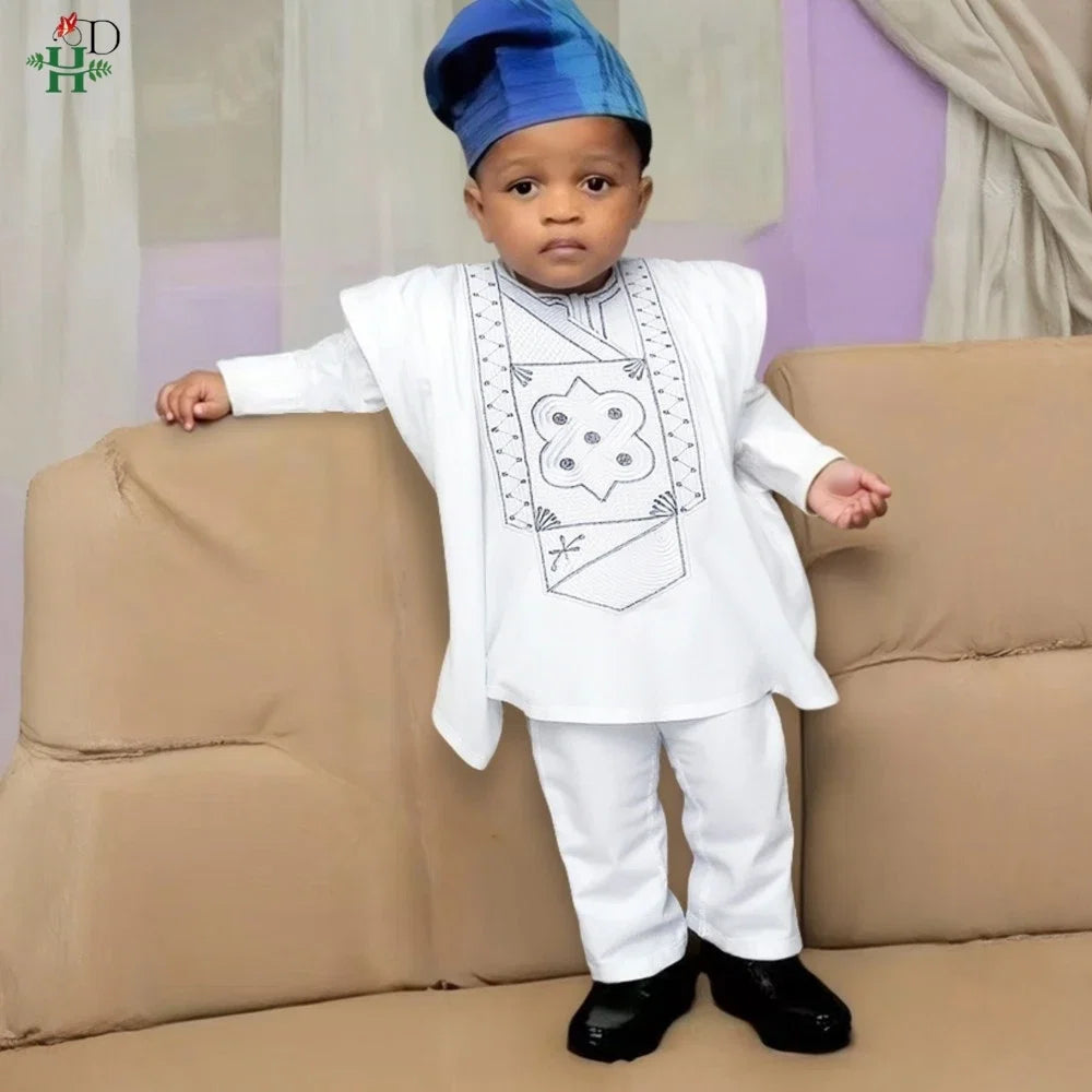 Boys White Blue Long Sleeve Tops Embroidery Dashiki Robe Shirt And Pant Set 3 PCS