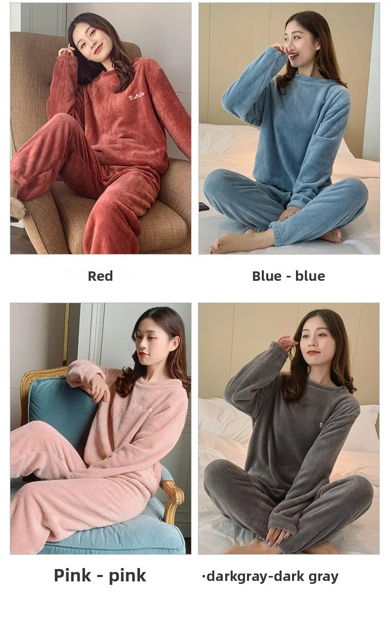 Double-Sided Coral Fleece Pajama Set Thickened Warm Leisure Wear for Autumn Winter Comfortable Polyester Sleepwear