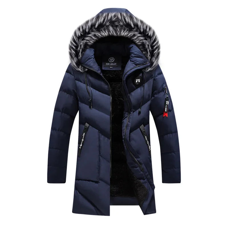 Men's Winter Thick Cotton Parka Casual Long Coat with Removable Hat Slim Fit Warm And Comfortable