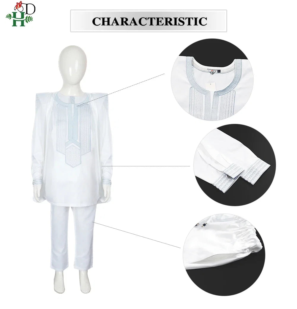 Boys White Blue Long Sleeve Tops Embroidery Dashiki Robe Shirt And Pant Set 3 PCS