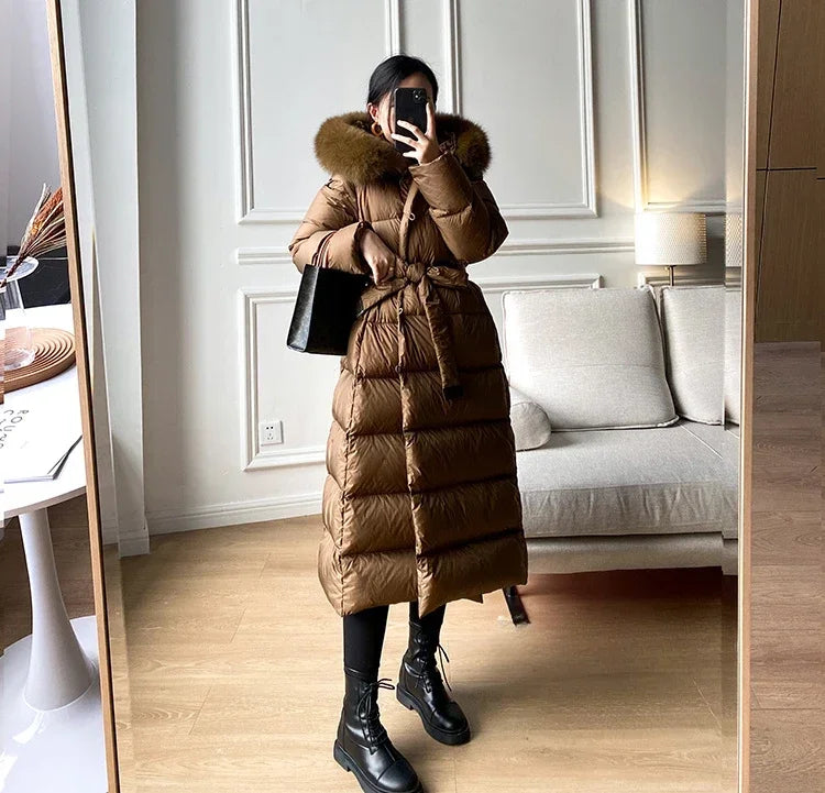 Winter Women's Ultra Light Warm Faux Fur Parka with Hooded Long Duck down Jacket White with Fur Collar Casual Snow Coat