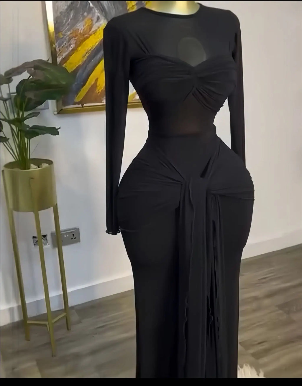 Mesh Maxi Dress with Bow-knot - Elegant Long Sleeve Sheer Dress for Women