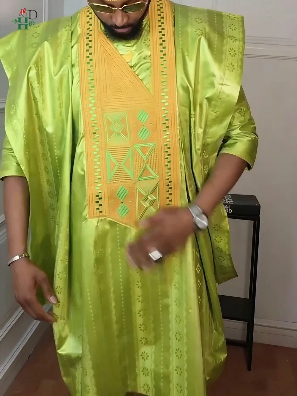 H&D African Clothing For Man Traditional Agbada Sets 3PCS Green Bazin Riche Shirt Pant Embroidery Wedding Party Suits Plus Size