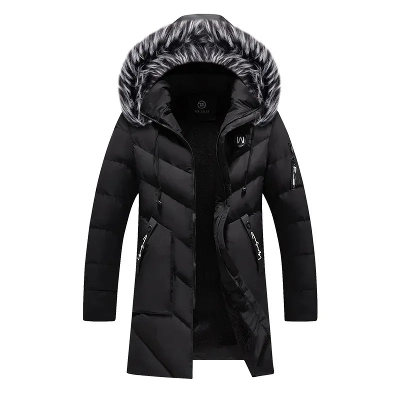 Men's Winter Thick Cotton Parka Casual Long Coat with Removable Hat Slim Fit Warm And Comfortable
