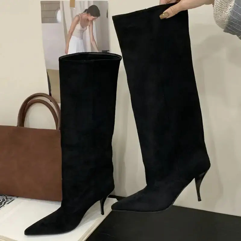 Retro Suede Knee‑High Boots – Kitten Heel