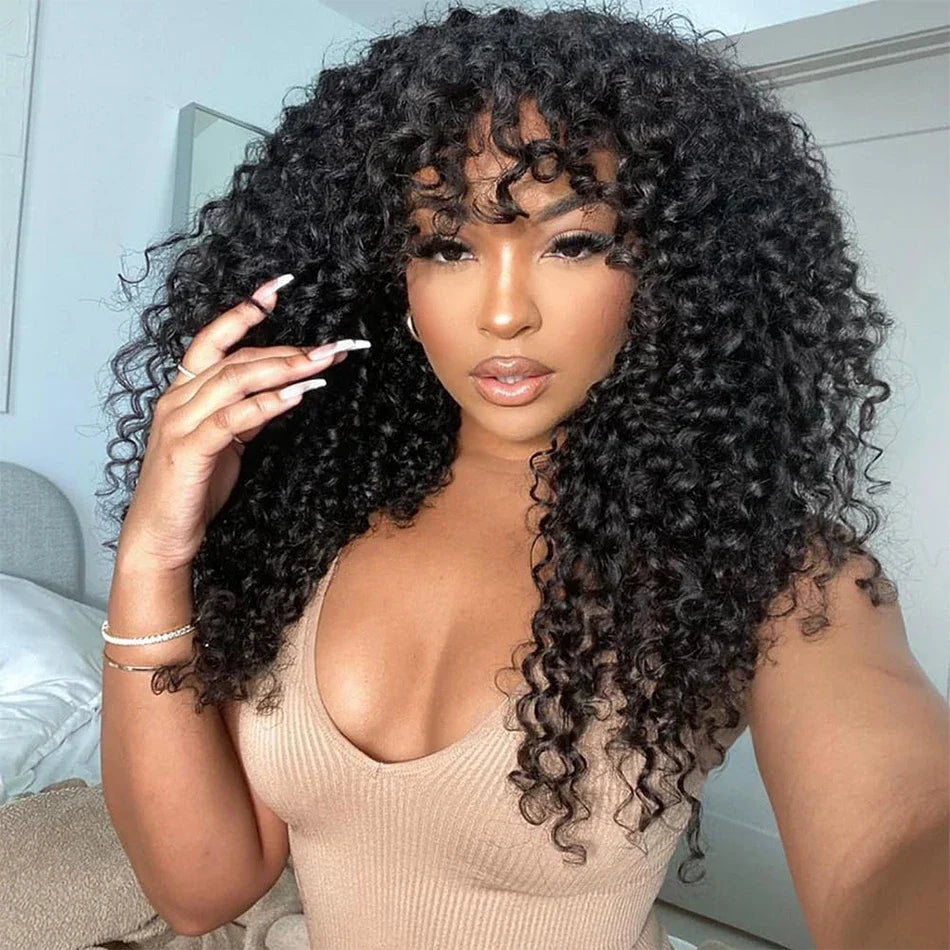 Wear and Go Glue less Wig Water Wave Human Hair Wigs with Bangs for Black Women
