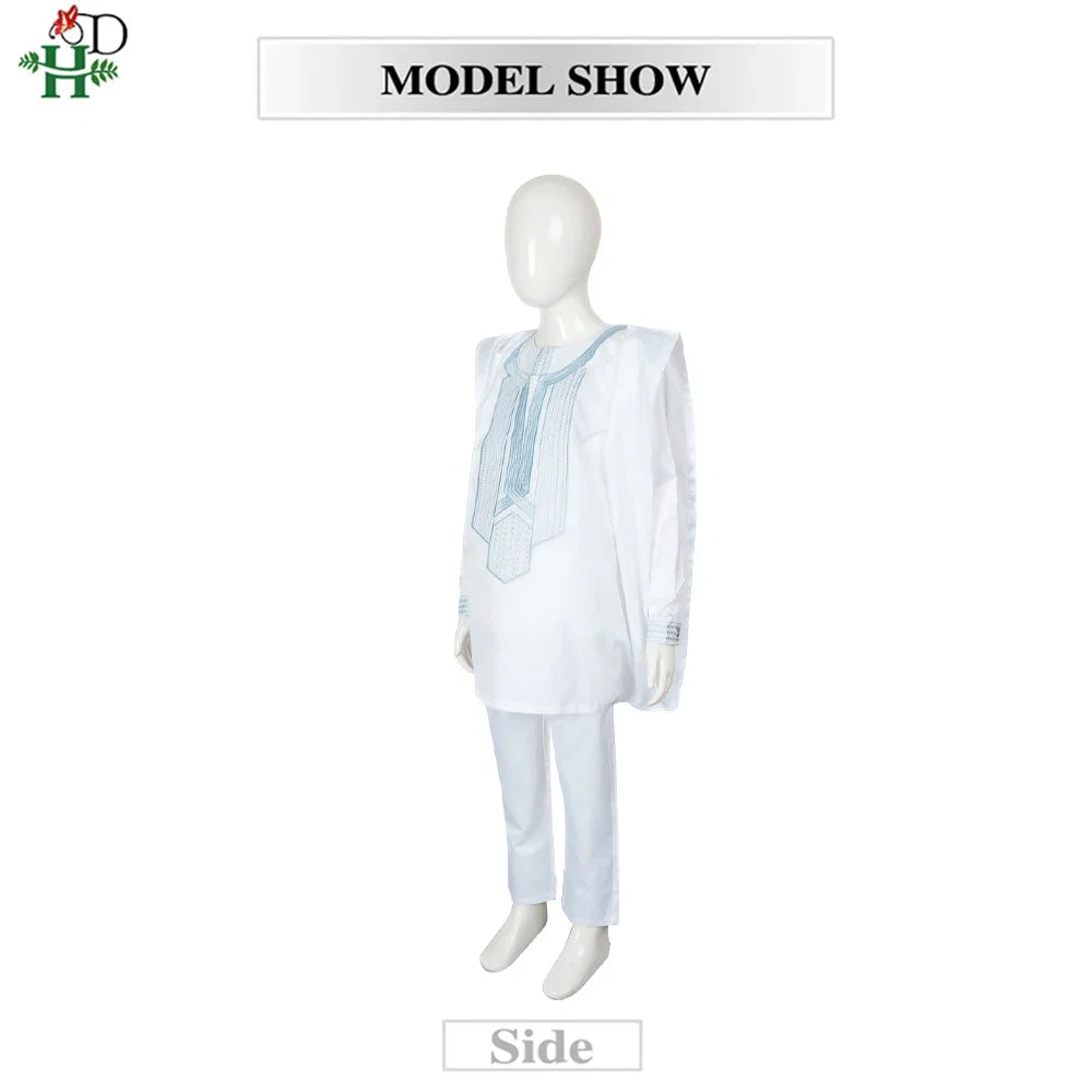 Boys White Blue Long Sleeve Tops Embroidery Dashiki Robe Shirt And Pant Set 3 PCS