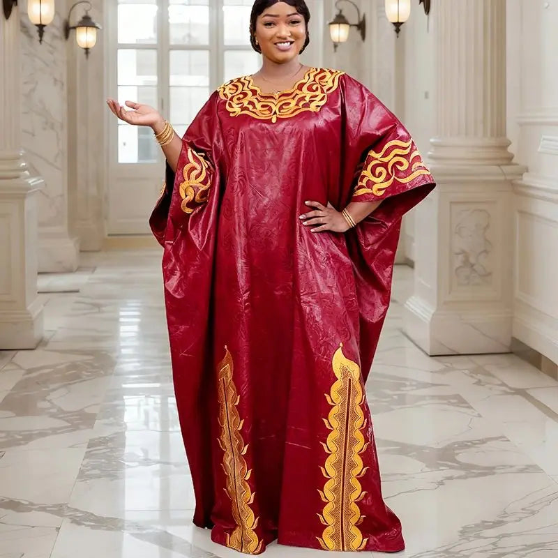 Women's African Boubou Dashiki Gown – Bazin Ankara Embroidered Kaftan Robe | Polyester-Spandex | One Size | 5 Colours