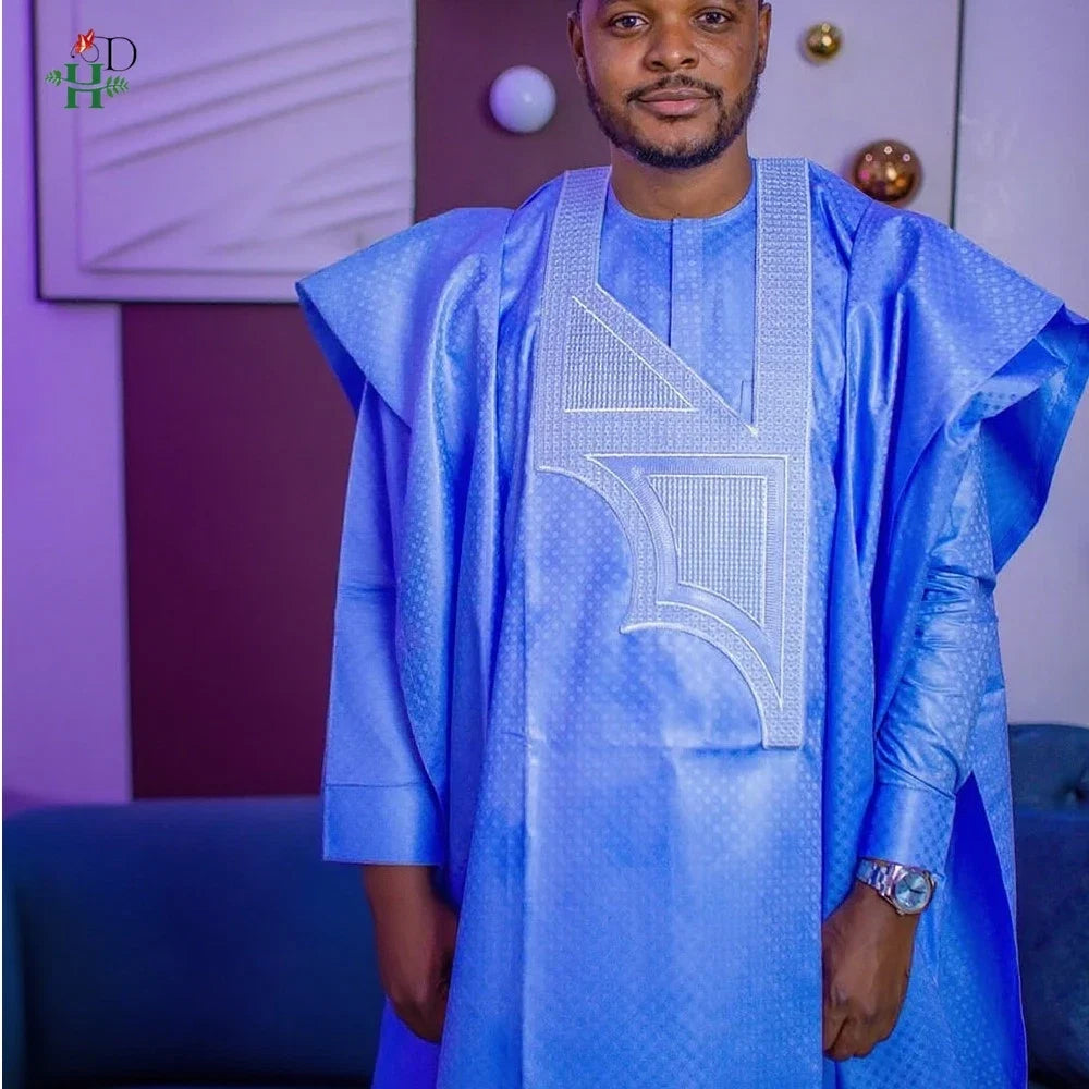 African Embroidery Blue Gown  Men Elegant Thobe 3 PC Top and Pants Suits Set