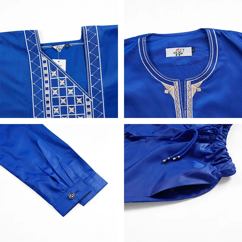 Boys White Blue Long Sleeve Tops Embroidery Dashiki Robe Shirt And Pant Set 3 PCS