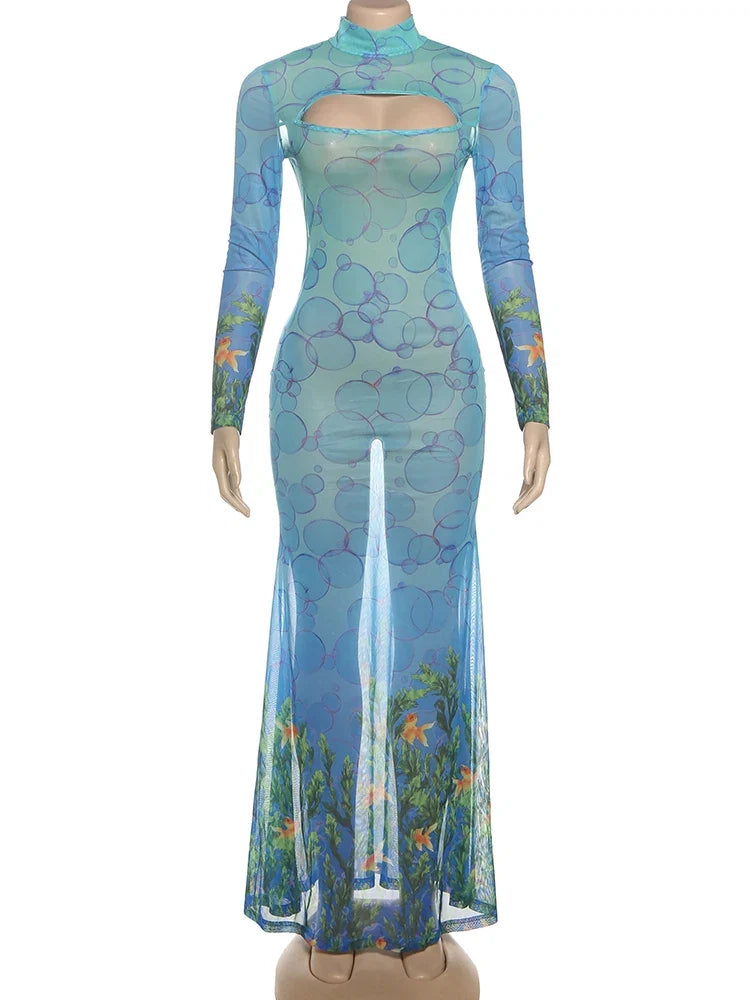 kliou Mesh Panelled Women Maxi Dress Sexy Stunning Point Print Full Sleeve O-neck Sheath Robe Mujer Hipster Festival Party Frock