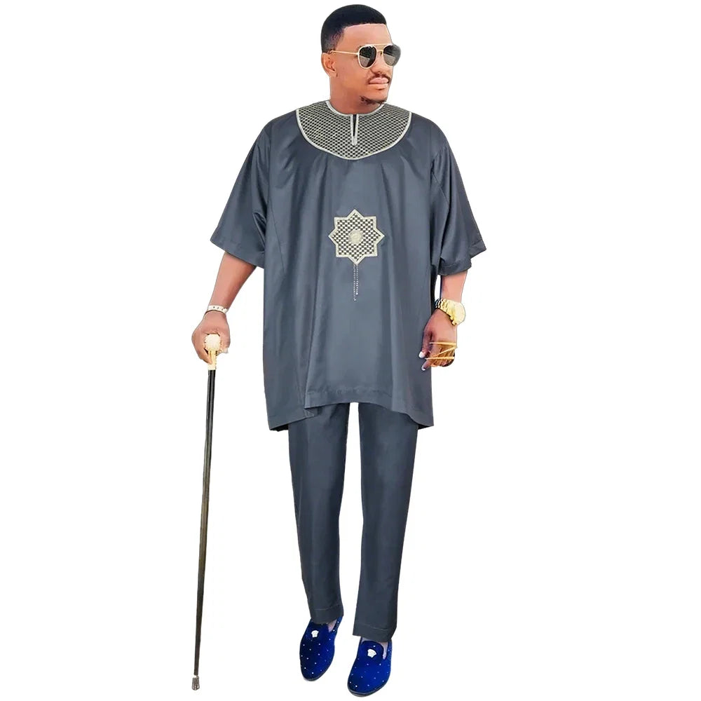 African Clothes for Men 2 Pieces Set Blue Embroidered Tops and Pants Traditional Clothing Rich Bazin