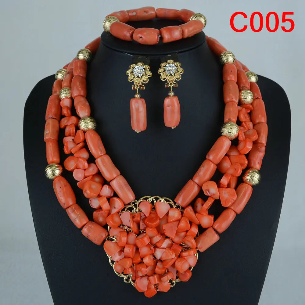 Nigerian Coral Jewellery Set | Necklace, Earrings & Bracelet | African Beads | Wedding