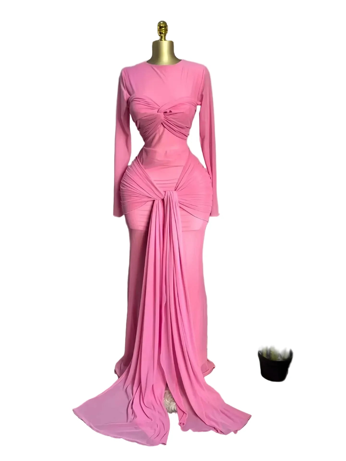 Mesh Maxi Dress with Bow-knot - Elegant Long Sleeve Sheer Dress for Women