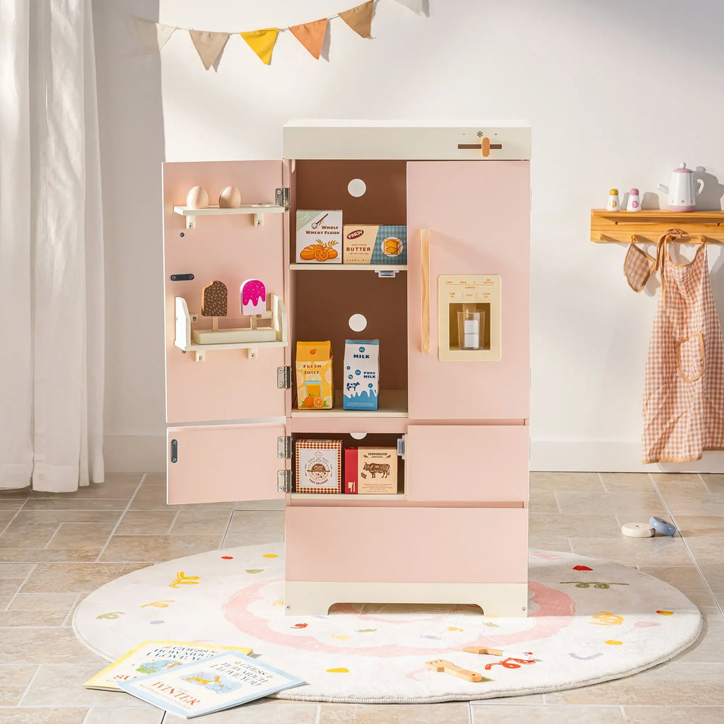 Robotime Robud Kids Corner Kitchen Playset Wooden Play Kitchen Set with Realistic Sound Pretend Play Gift for Boys Girls Pink
