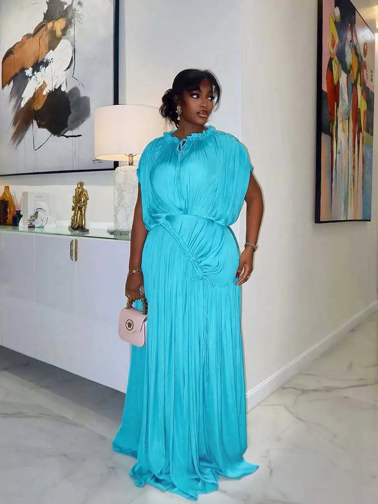 Long Summer Dress Woman High Waist Draped Chic Sky Blue Dress Straight One Piece Casual Elegant Maxi Dresses for Evening