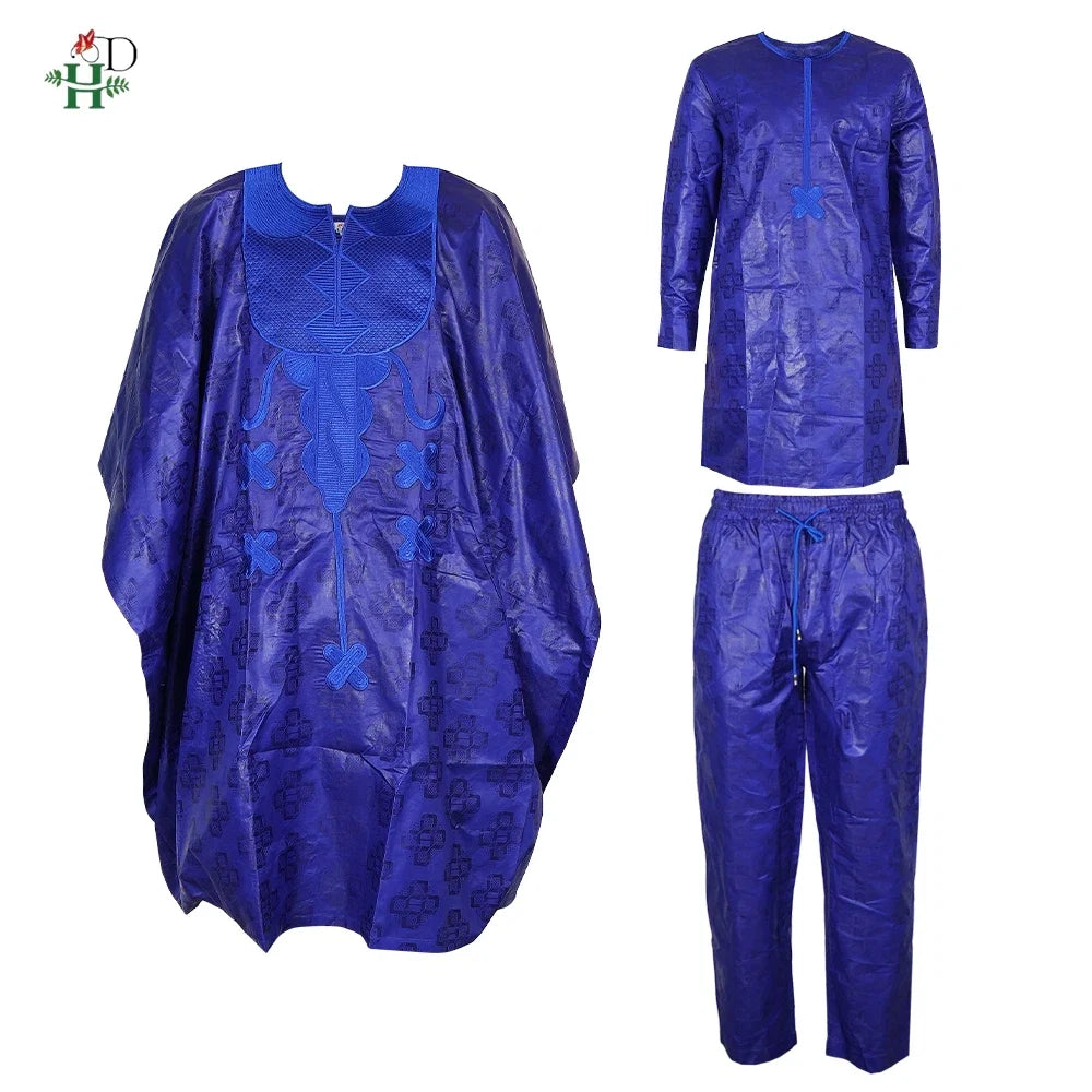 Men's African Traditional 3PCS Outfit  Blue Bazin Riche Agbada Embroidered Robe