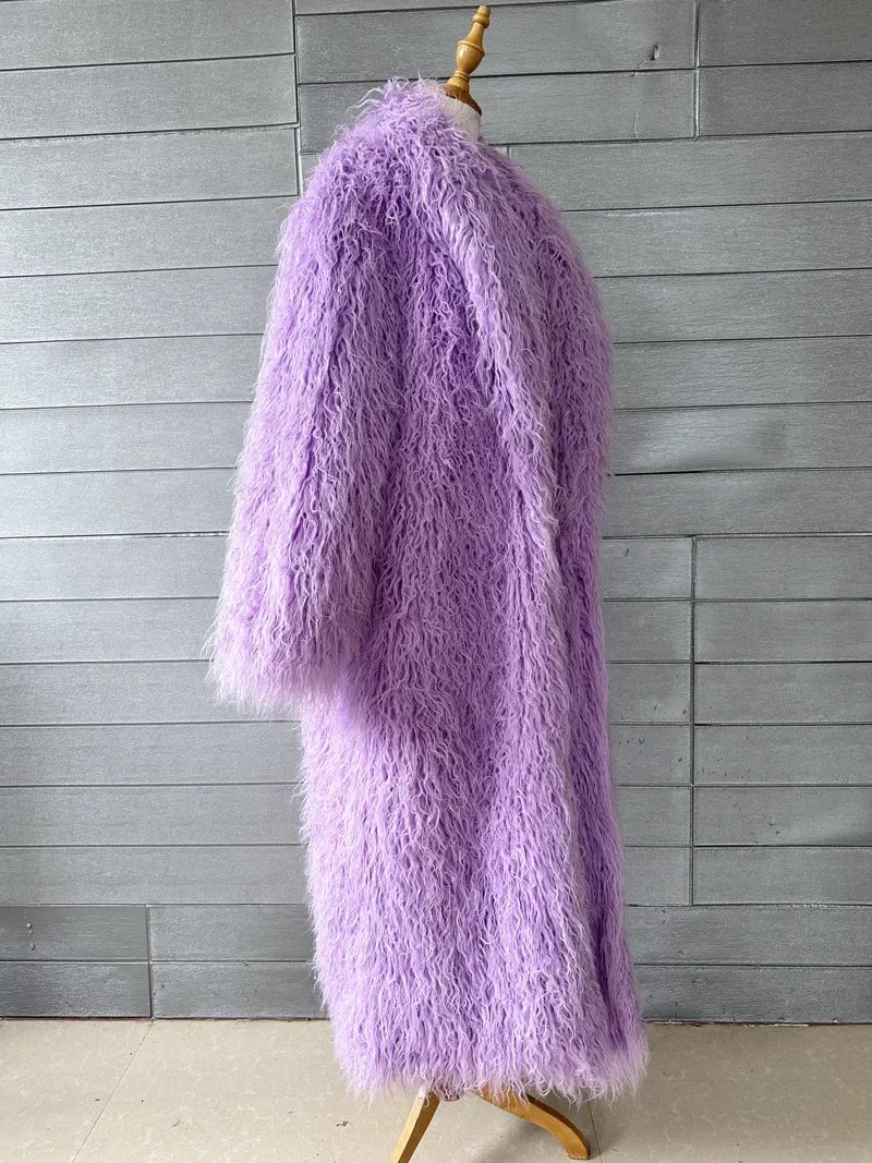 Faux Fur Jacket Women Long Coat Thick Fluffy Winter Warm Shaggy Overcoat Open Stitch Outerwear Turn Down Collar High Street