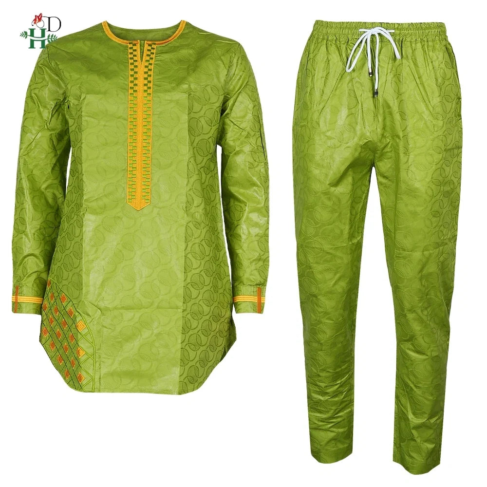 Men's Traditional Agbada 2PCS Green Bazin Riche Shirt and Pant