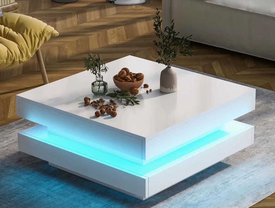 Modern High Gloss Coffee Table with 360° Rotating Top & 16 Colour LED Lights