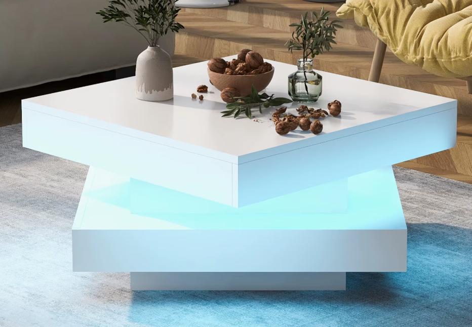 Modern High Gloss Coffee Table with 360° Rotating Top & 16 Colour LED Lights
