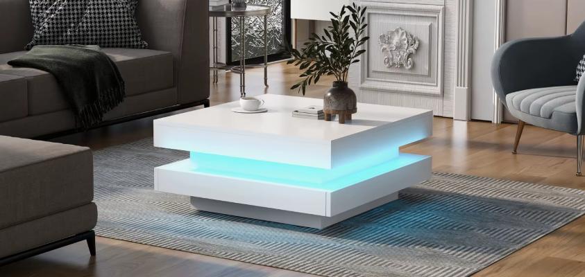 Modern High Gloss Coffee Table with 360° Rotating Top & 16 Colour LED Lights