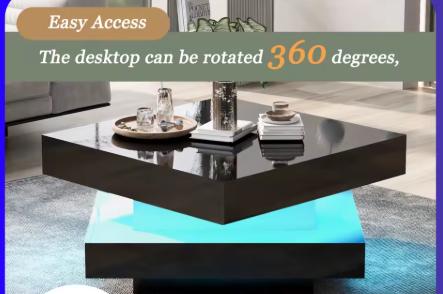 Modern High Gloss Coffee Table with 360° Rotating Top & 16 Colour LED Lights