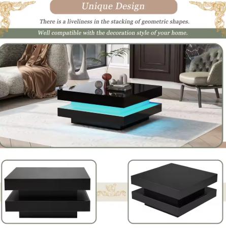 Modern High Gloss Coffee Table with 360° Rotating Top & 16 Colour LED Lights