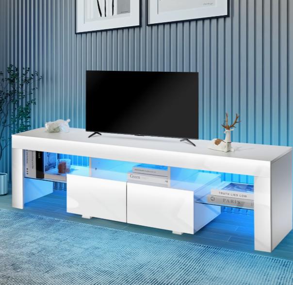 High-Gloss TV Stand with RGB LEDs, 2 Drawers & Open Storage for 32-65 Inch TVs