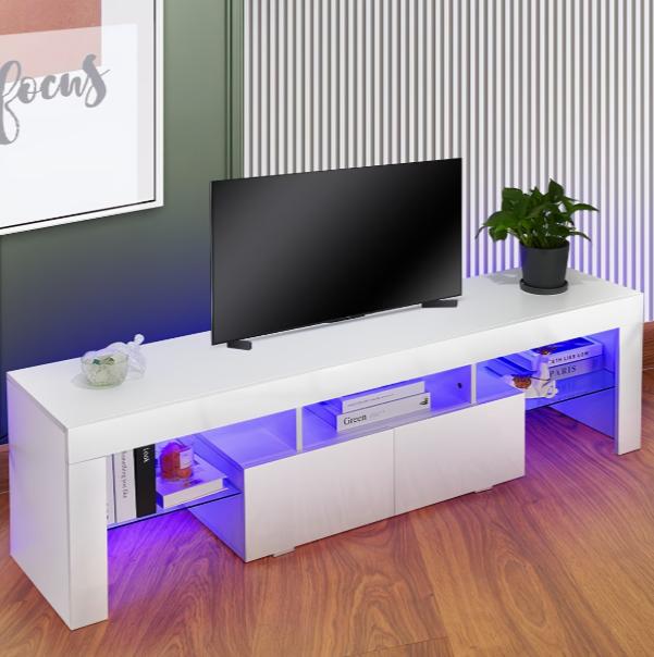 High-Gloss TV Stand with RGB LEDs, 2 Drawers & Open Storage for 32-65 Inch TVs