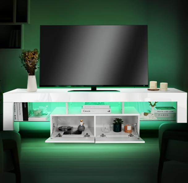 High-Gloss TV Stand with RGB LEDs, 2 Drawers & Open Storage for 32-65 Inch TVs