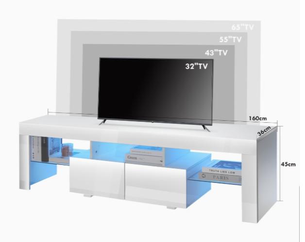 High-Gloss TV Stand with RGB LEDs, 2 Drawers & Open Storage for 32-65 Inch TVs