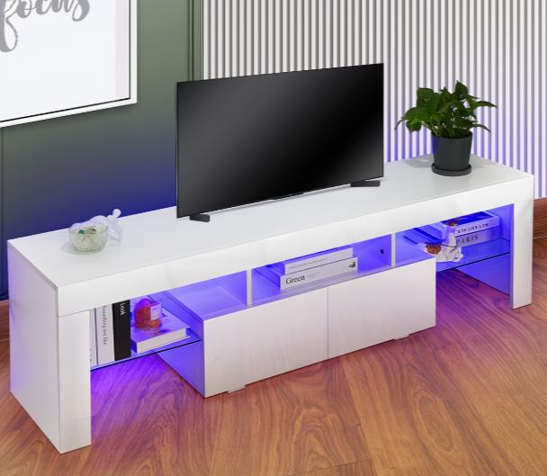 High-Gloss TV Stand with RGB LEDs, 2 Drawers & Open Storage for 32-65 Inch TVs