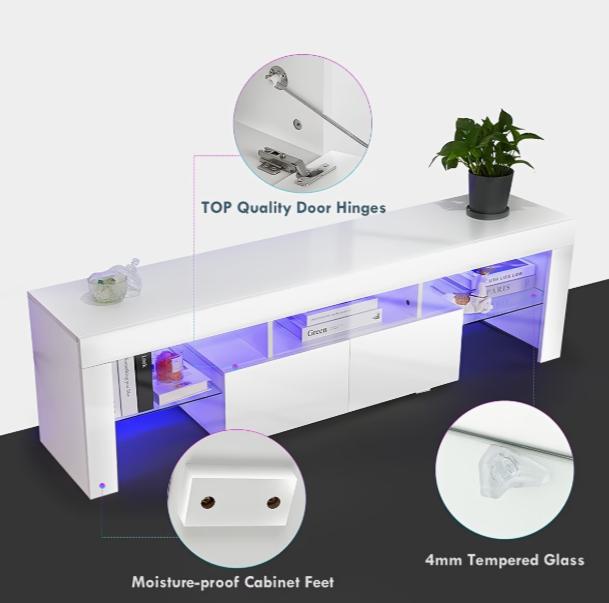 High-Gloss TV Stand with RGB LEDs, 2 Drawers & Open Storage for 32-65 Inch TVs