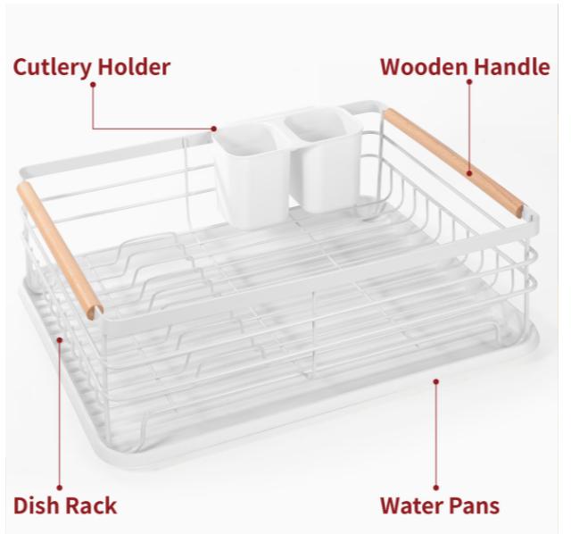 Vinsani Dish Drainer with Wooden Handles & Drip Tray