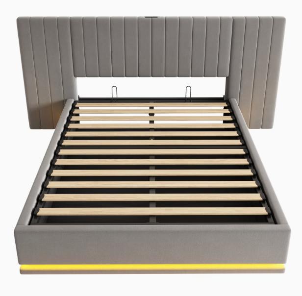 King Bed with LED Lighting, PU Leather Upholstered 5ft Bed with Hydraulic Storage