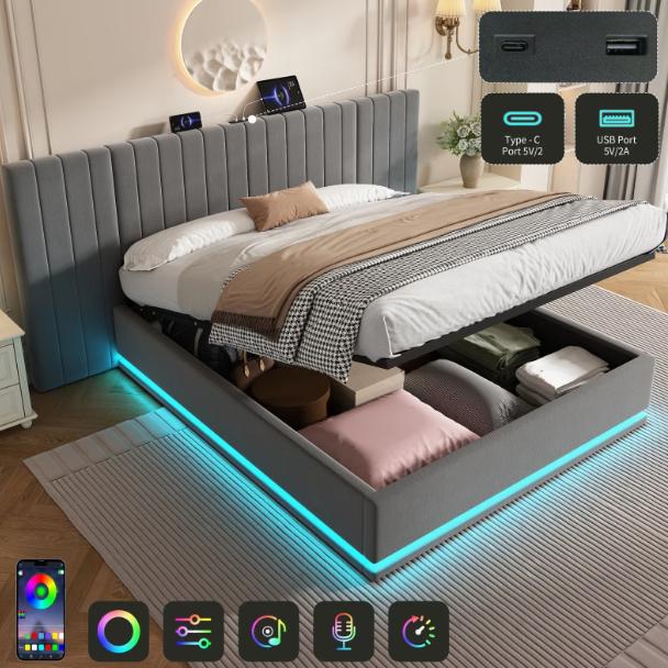 King Bed with LED Lighting, PU Leather Upholstered 5ft Bed with Hydraulic Storage